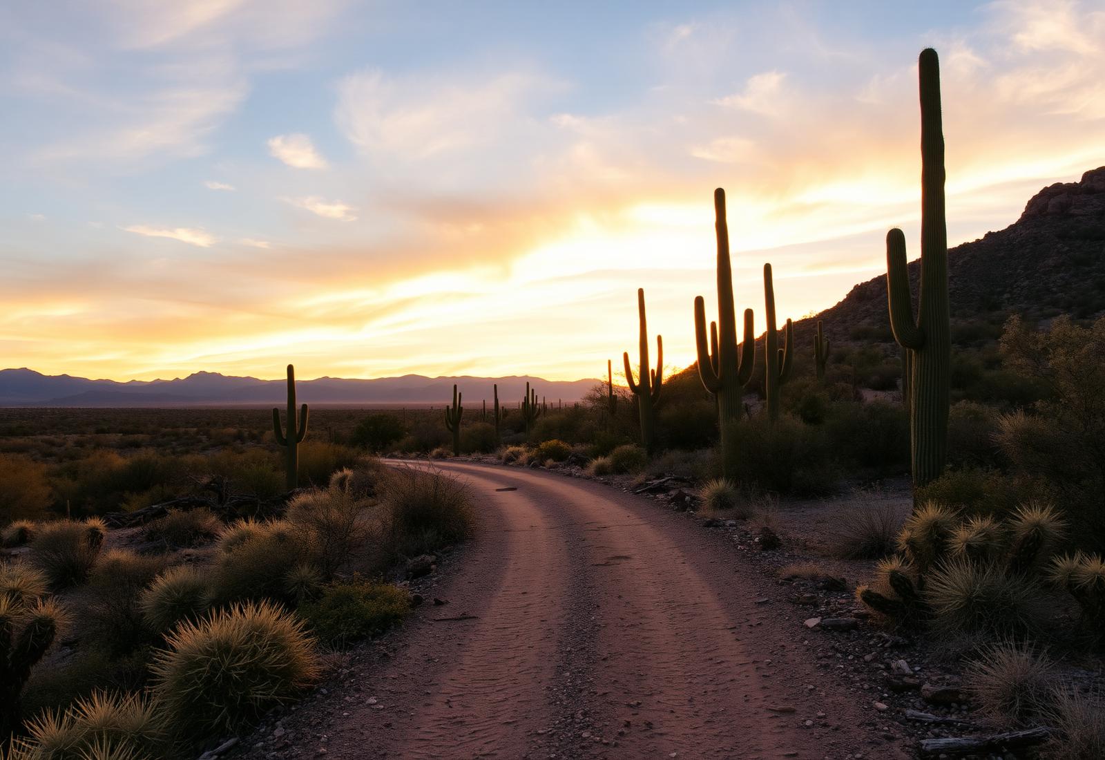 Desert path leading toward sunrise